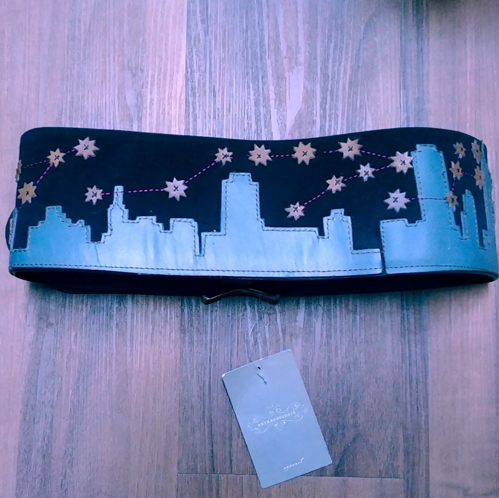 Suede leather belt cityscape stars dog moon NWT - Picture 2 of 8